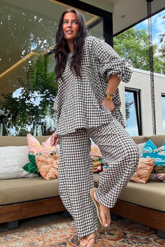 Nonni Gingham 7/8 Barrel Pant Chocolate